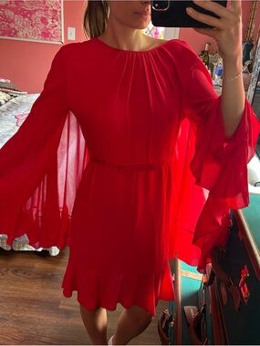 Red Ruffle-Sleeve Mini Dress with Cinched Waist